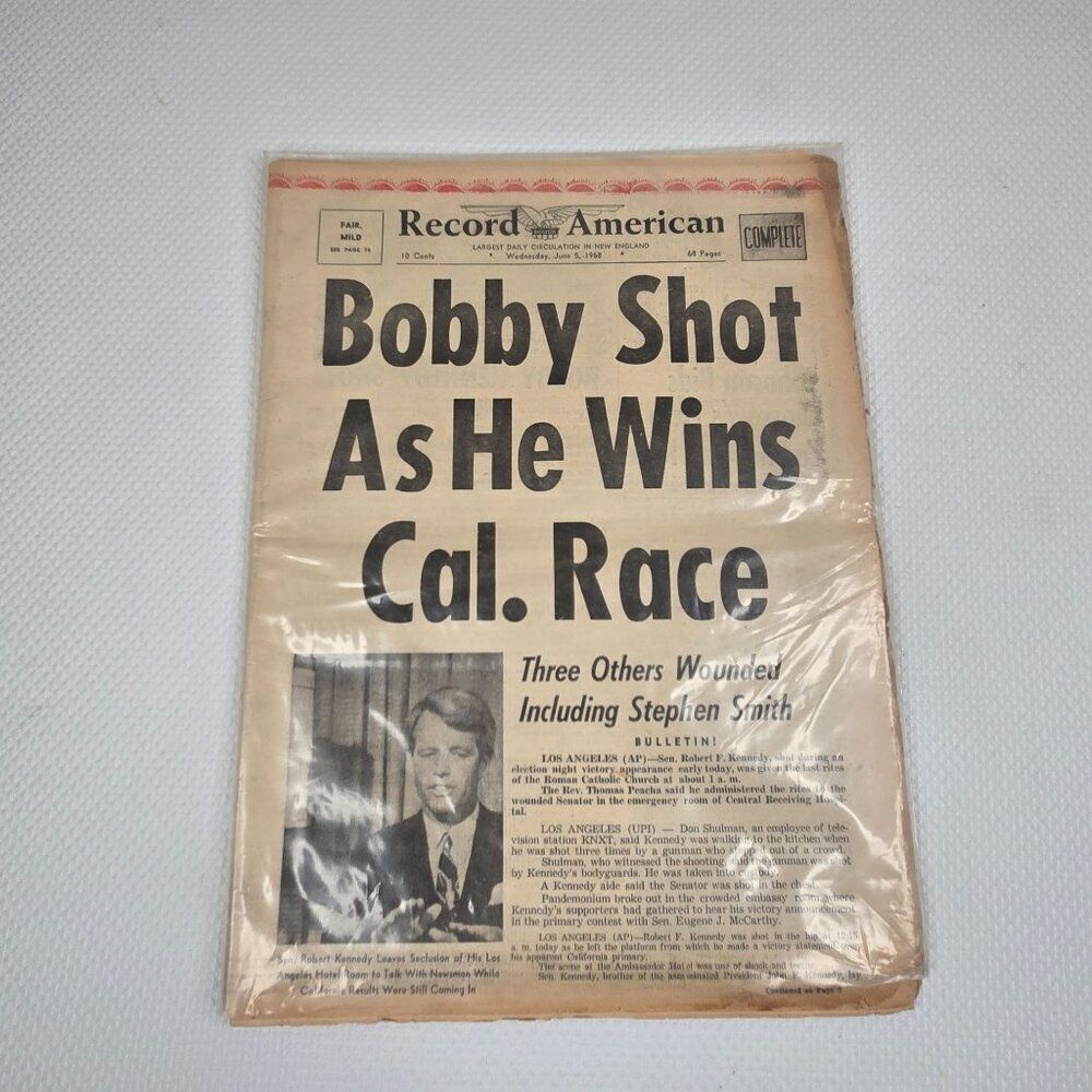 Vintage Record American Newspaper June 5 1968 Bobby Kennedy Shot Wins California